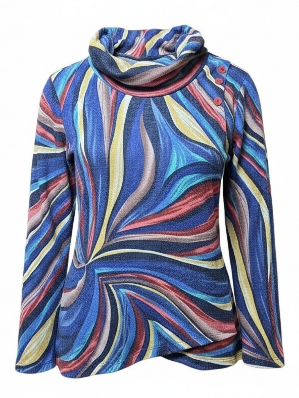 PURE ESSENCE | Blue Swirl Cowl Neck Long Sleeve Tunic Sweater Top Button  | XXL